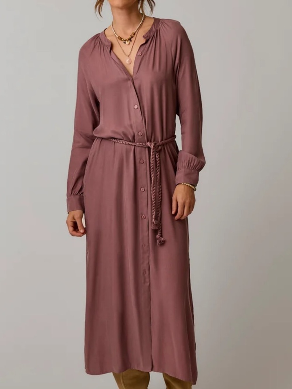 Carve Designs Solana Mauve Button-Front Long Sleeve Maxi w Braided Tie NWT